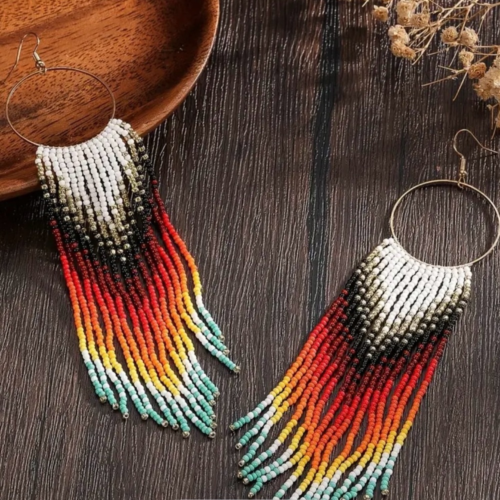 Hand beaded tassel earrings
Colorful boHo tribal fringe